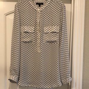Banana Republic Sheer White and Dark Blue Collarless Long Blouse